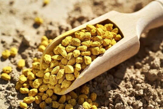 Close-up of a wooden scoop filled with golden bee pollen granules on a textured surface