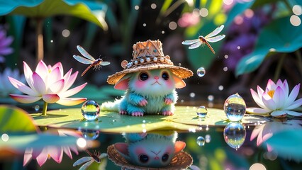Fototapeta premium Adorable blue furry creature on lily pad. Fantasy pond nature and whimsical garden. Small magical animal wearing straw hat sitting in water lily pond with dragonflies and bubbles