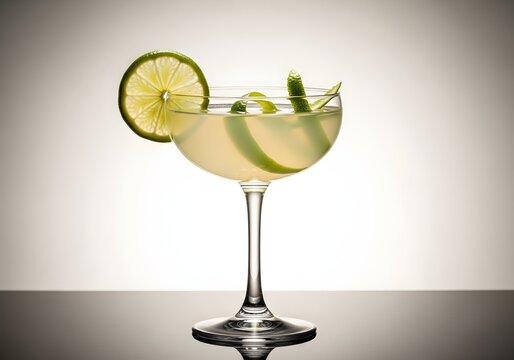 A refreshing chilled cocktail garnished with a bright citrus slice and vibrant green zest, presenting a sophisticated beverage ready for enjoyment in an elegant glass on a polished surface
