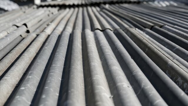 Close-up abstract view of weathered, corrugated metal pipes stacked in a row, textured surface