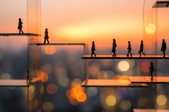 Silhouettes of people walking on elevated platforms against a sunset sky.