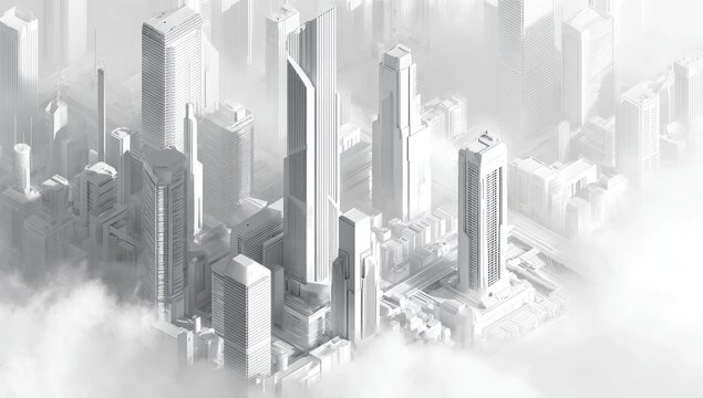 Futuristic White Cityscape with Tall Skyscrapers Emerging from Clouds.