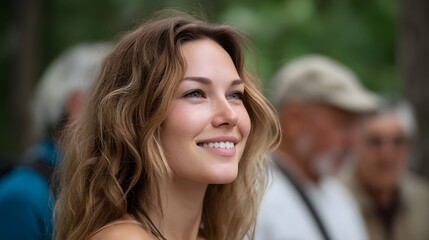 Obraz premium Joyful portrait of a young woman smiling in natural light during an outdoor family gathering