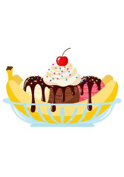 Banana split sundae featuring three scoops of ice cream topped with chocolate syrup and a cherry rests in a glass bowl.