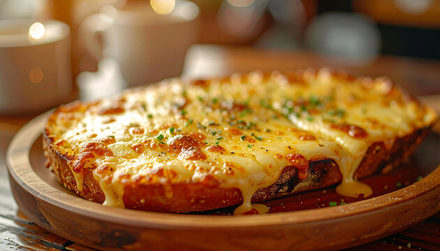Garlic bread with melted cheese on wooden plate, golden crispy crust, gooey stretchy cheese, blurred cafe background with cups, appetizing snack