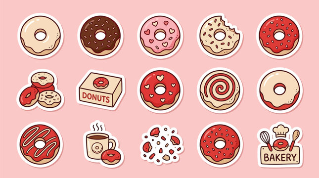 A collection of cute cartoon donut stickers with various frostings and toppings on a pink background, including a bakery sign and coffee.