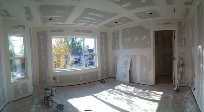 Interior view of a house under construction with drywall installed and large windows.