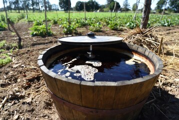Fototapeta premium Traditional wooden barrel filled with dark liquid, outdoors, with a blurred farm field background.