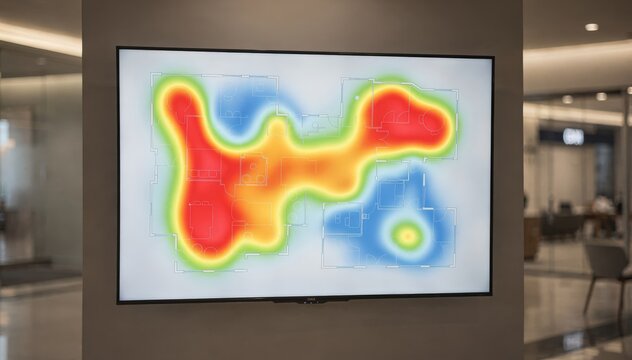 Medium shot of an AIdriven occupancy dashboard displaying realtime heatmaps of lobby foot traffic with the main screen in sharp focus and background blurred.