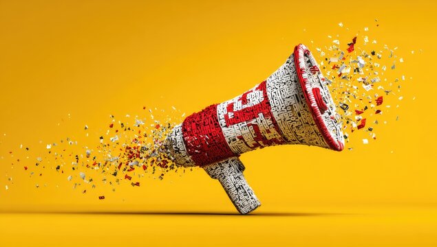 A megaphone composed of tiny fragments explodes into a colorful cascade