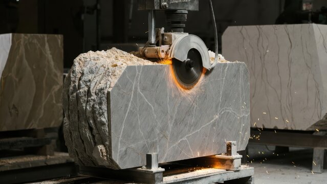 Industrial marble cutting with sparks flying as a large block is shaped by machinery.