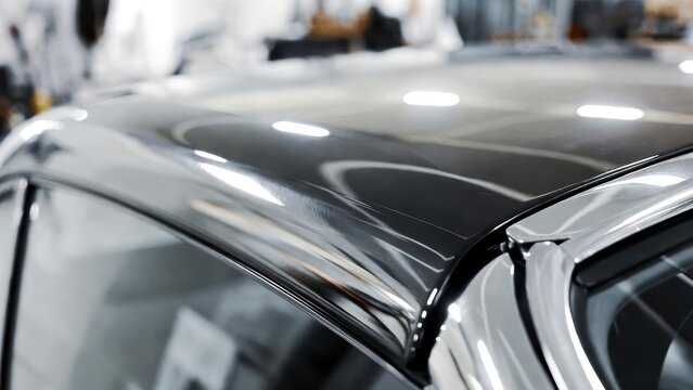 Gleaming dark car roof with reflections of lights and blurred background in workshop