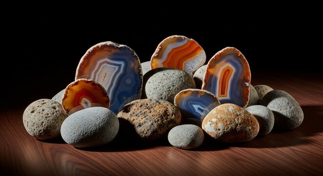Collection of Agate Slices and Rough Stones on Wooden Surface.