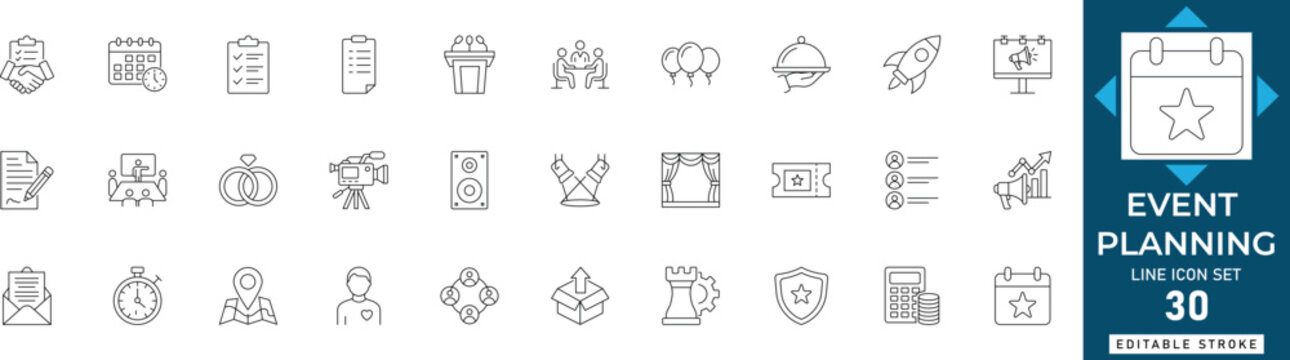 Event planning line icon set featuring management, celebration, party, wedding, schedule, decoration, and organization. Professional editable vector illustration.
