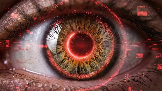 Cybernetic eye activating in sequence. Human iris with red digital glow and glitch effects. Futuristic augmented vision and scanning technology concept.