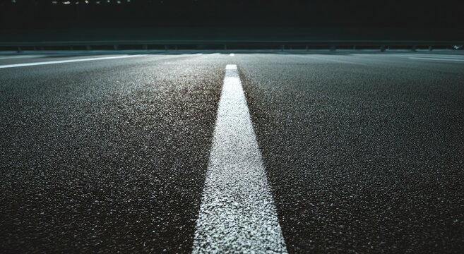 Close-up of a White Line on a Dark Asphalt Road at Night.