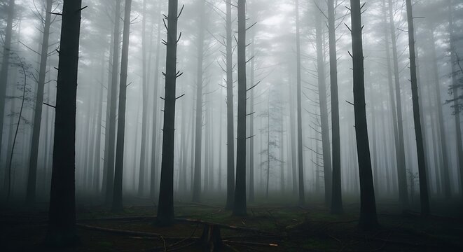 A dense and eerie forest landscape shrouded in thick fog and misty atmosphere