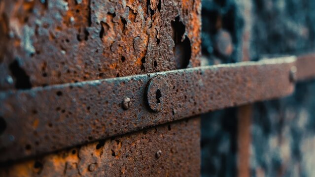 Macro shot of a rusted metal surface with a keyhole, showing texture and decay.