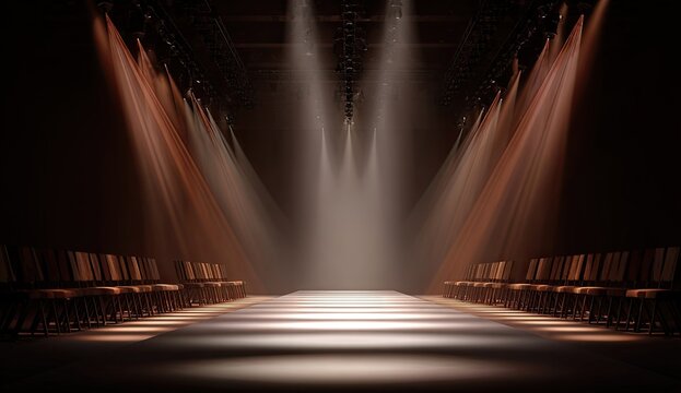 Fashion Show Runway Illuminated by Dramatic Spotlights.