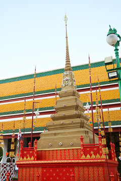 Sand Pagoda at Wat Suthat, Songkran New Year Ceremony with Floral Decorations and Sacred Courtyard Setting, Bangkok, Thailand