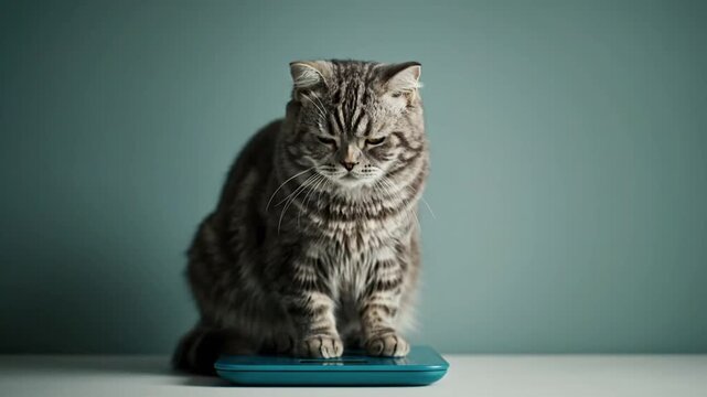 Cat on scales with weight check, and blue background.