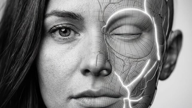 Womans face morphing into digital wireframe. Realistic portrait transitioning to 3D mesh model. Technology and virtual animation concept.