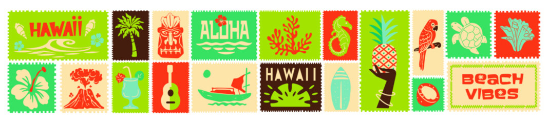 Summer tropical postage stamp, hand drawn vintage exotic vacation sticker set, paradise travel postmark. Aloha island holiday print, ocean surfboard symbol, fruit silhouette. Coastal summer stamp set © Loya.art