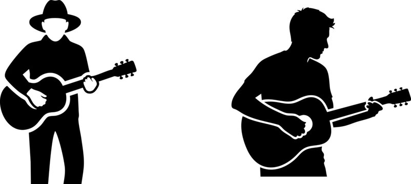 Acoustic guitar player silhouettes, male musician playing guitar vector set, black and white performer icons for music posters and live event branding