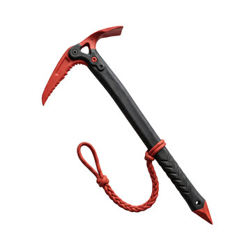 Red and Black Technical Ice Axe for Mountaineering Isolated on Transparent Background cut out PNG