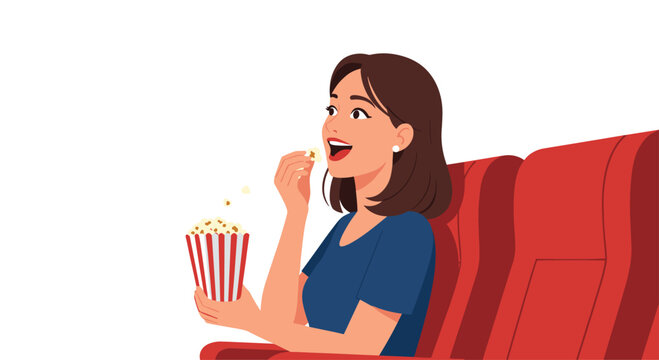 A young woman with brown hair sits in a red cinema seat eating popcorn from a striped container while looking towards the side against a plain white background.