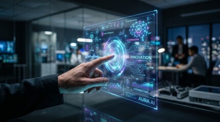 Fototapeta premium Human hand touching holographic AI interface, soft glow, innovation concept