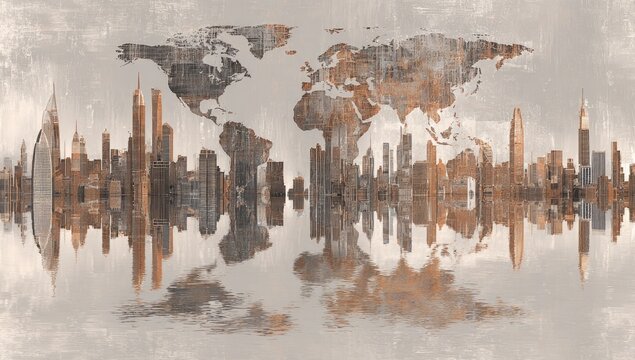World map skyline reflected on water, abstract urban panorama