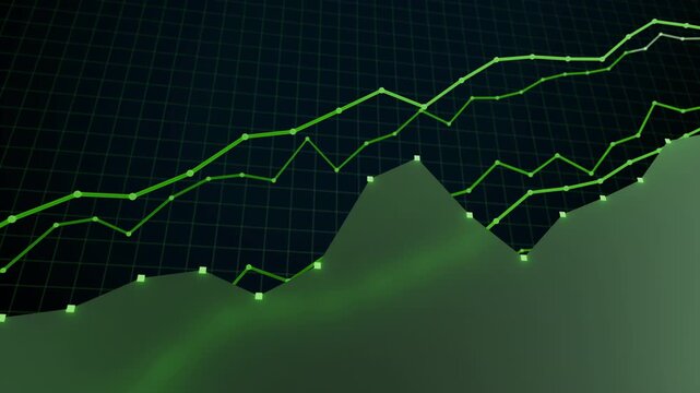 Seamless Loop of Glowing Green Financial Growth Lines and Market Trend Data. 4K Digital Visualization of Upward Economy Trajectory with Moving Nodes.