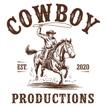 Cowboy on horseback with lasso cowboy productions logo