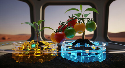 Fototapeta premium Prosperous Low-angle cinematic of A cluster of vibrant heirloom cherry tomatoes (red, yellow, gre...