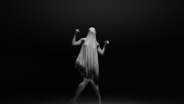 Spooky Halloween Ghost Figure Haunting in Dark Mysterious Shadows 3d illustration