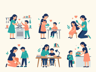 Fototapeta premium Mother and Child Daily Life Scenes Cooking Learning Caring Family Love Illustration Set