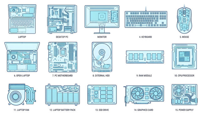 Computer components and devices in an overhead view, featuring a blend of modern technology and classic designs.