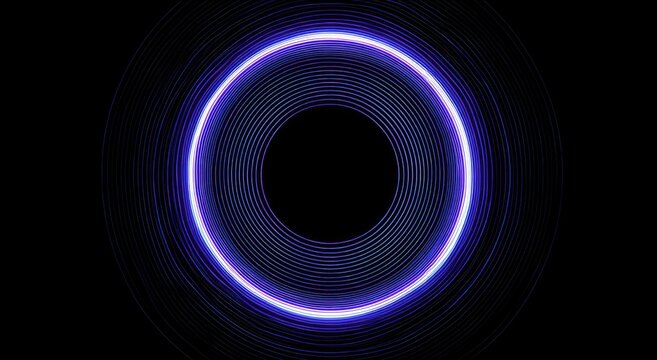 Concentric blue and purple rings radiate from a dark center