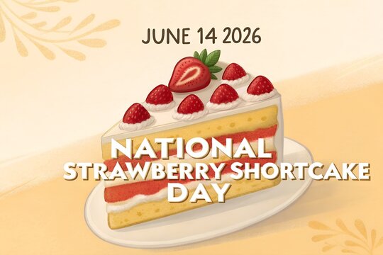 A vibrant and appetizing illustration captures a perfect slice of classic strawberry shortcake, generously layered with sweet red strawberries and creamy white filling between golden cake layers, eleg