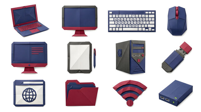 Origami computer devices and office accessories crafted from folded paper on a white background.