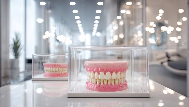 Realistic dentures displayed in clear boxes in a bright, modern room