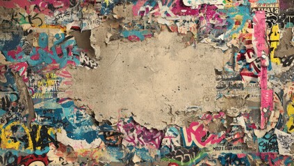 Naklejka premium Peeling posters and graffiti layers reveal distressed concrete wall