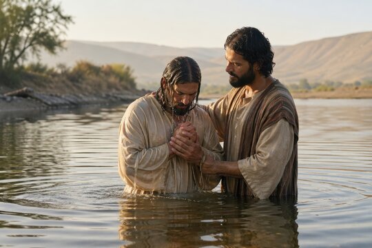 jesus standing in the jordan as he is baptized in calm morning light, a biblical scene of humility, consecration and spiritual beginning beside the quiet riverbank