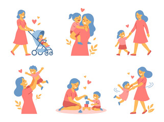 Fototapeta premium Mother Carrying Child Walking in Nature Minimalist Illustration