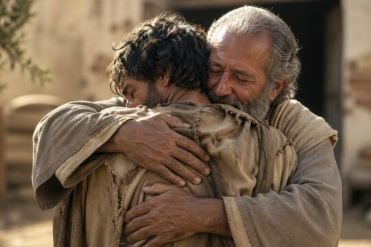 an elderly father warmly embracing his returning son outside the house, a prodigal son scene of forgiveness, reconciliation, mercy, homecoming and unconditional love