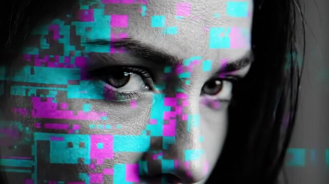 Womans face emerging from digital glitch. Cyber portrait animation shifting from pixelated distortion to clear view and back. Futuristic virtual reality and technology concept.