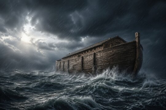 noah or nuh ark rides heavy waves beneath storm clouds and breaking light, a dramatic flood scene conveying survival, divine protection, judgment and hope after catastrophe