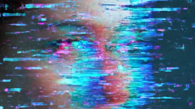 Womans face with blue light highlights transitioning to digital glitch distortion. Cyber portrait evolution showing holographic glow and visual interference effects.