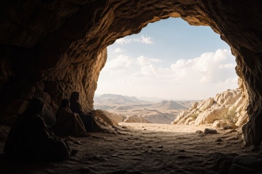 figures wait in tense silence inside a cave entrance as morning light reaches the rocks outside, a hijra refuge scene expressing concealment, danger, patience and divine care